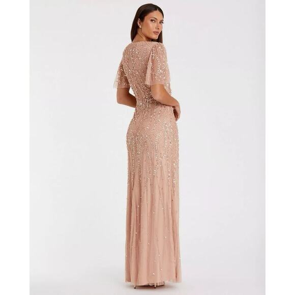 Mac Duggal Embellished Flutter Sleeve Wedding Guest Maxi Gown Nude Size 12 NWT - Picture 3 of 13